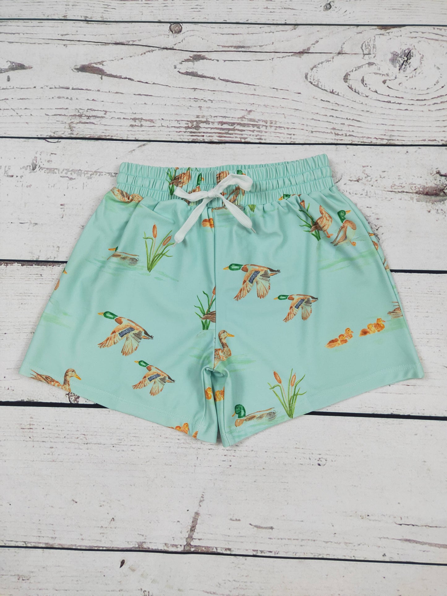 Boys Green Duck Printed Beach Shorts