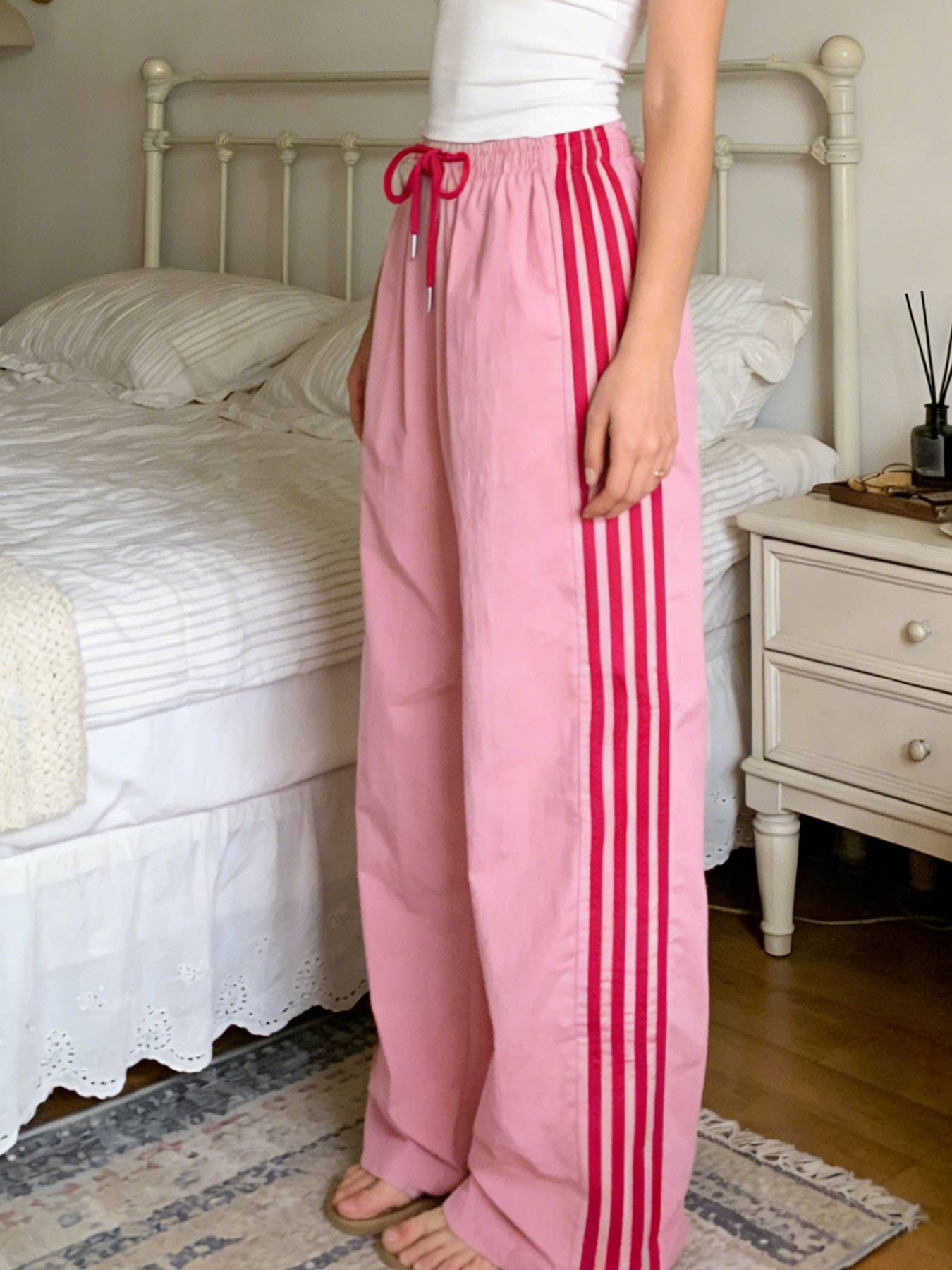 Drawstring track pants color-block striped wide-leg pants