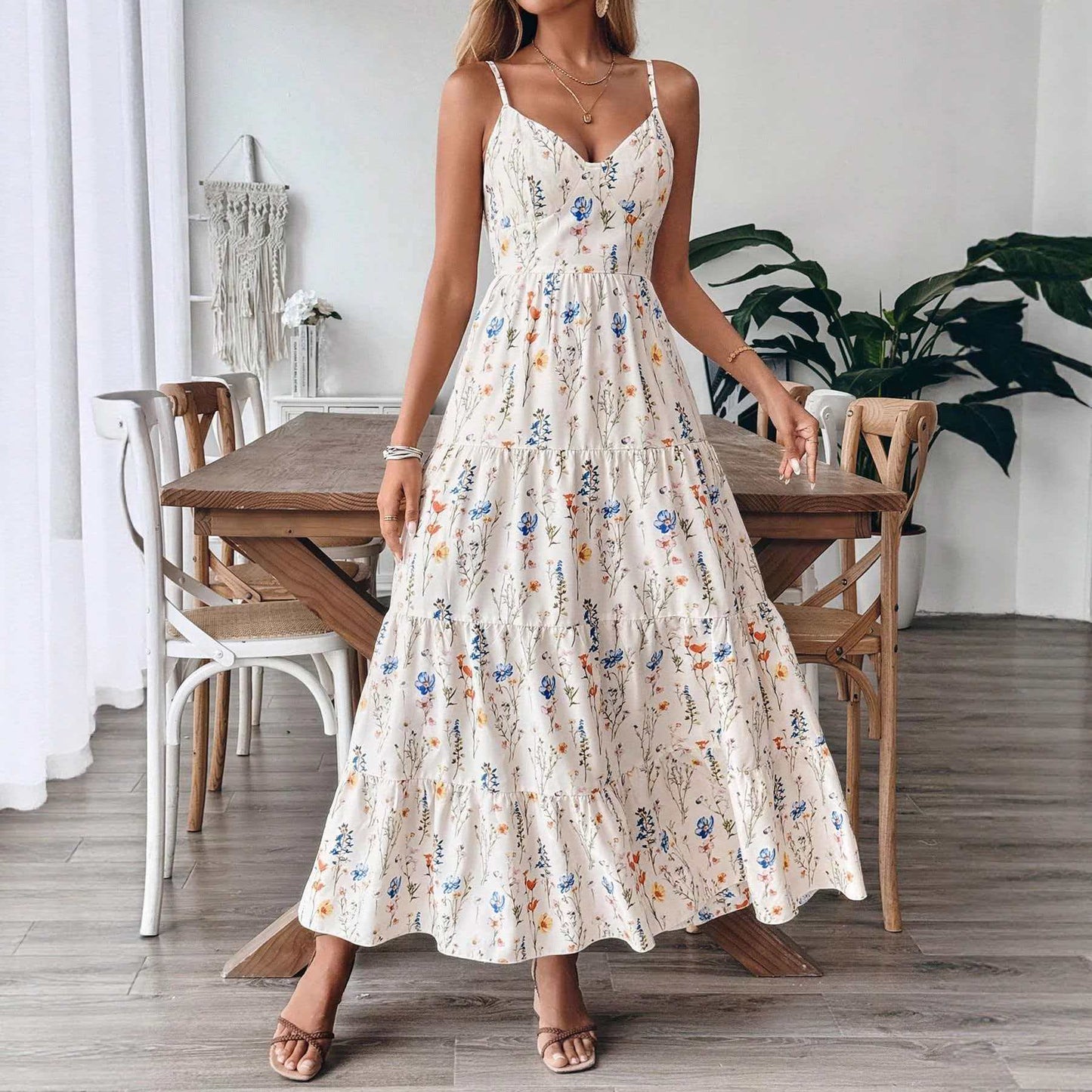 Boho Print Tie Back Tiered Maxi Sundress