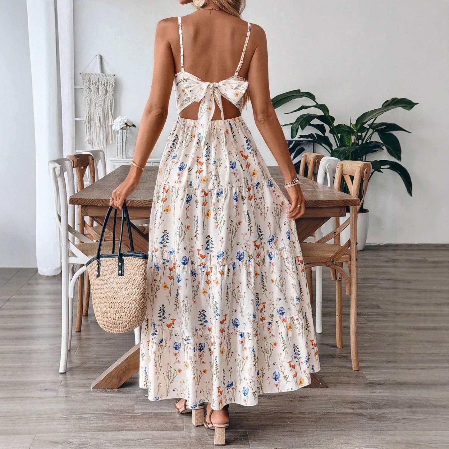 Boho Print Tie Back Tiered Maxi Sundress