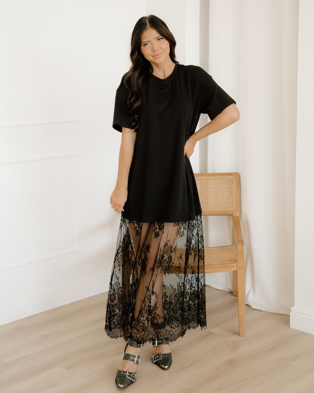 Nayeli Lace Shirt Dress - Black | Lace Maxi Dress | T-Shirt