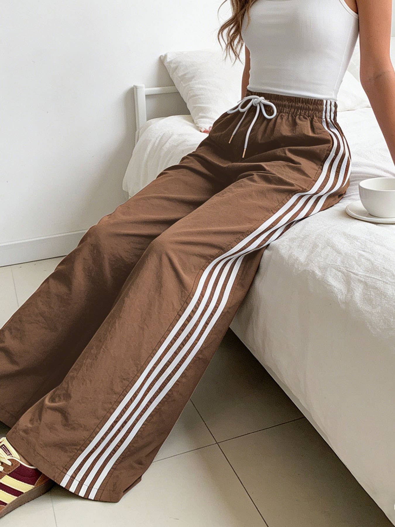 Drawstring track pants color-block striped wide-leg pants