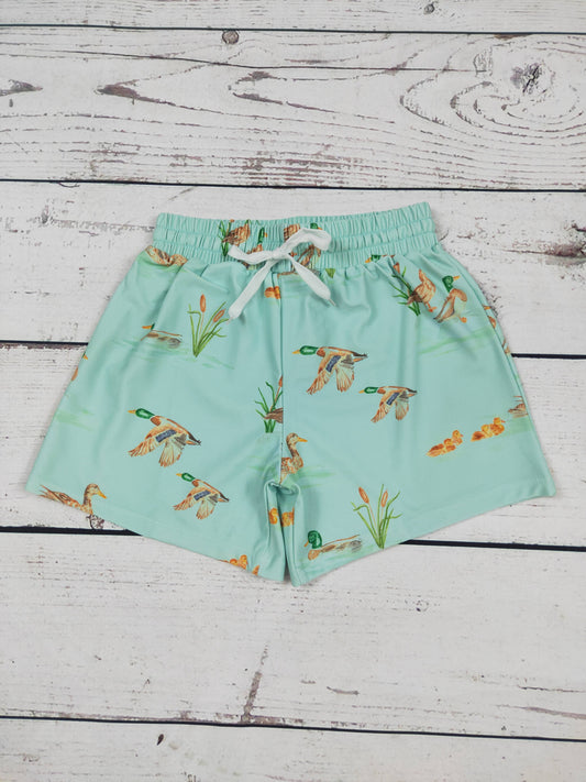 Boys Green Duck Printed Beach Shorts