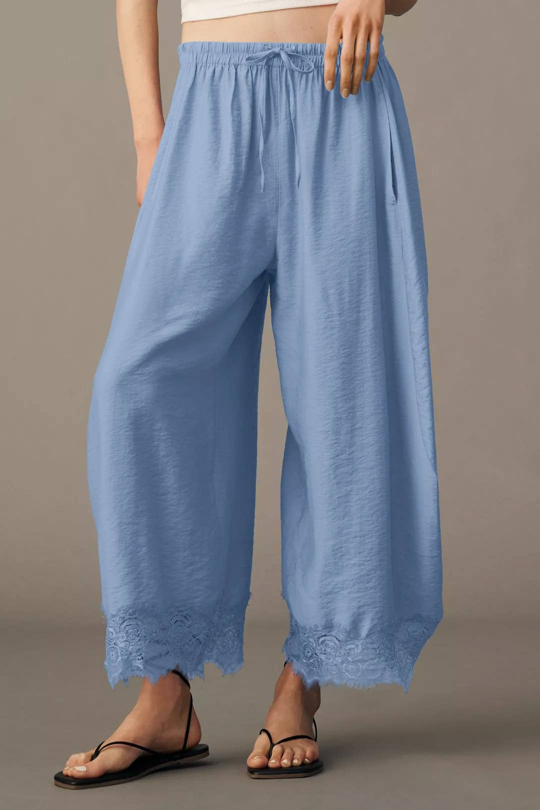 Elastic Waist Hem Spliced Lace Wide-Leg Pants