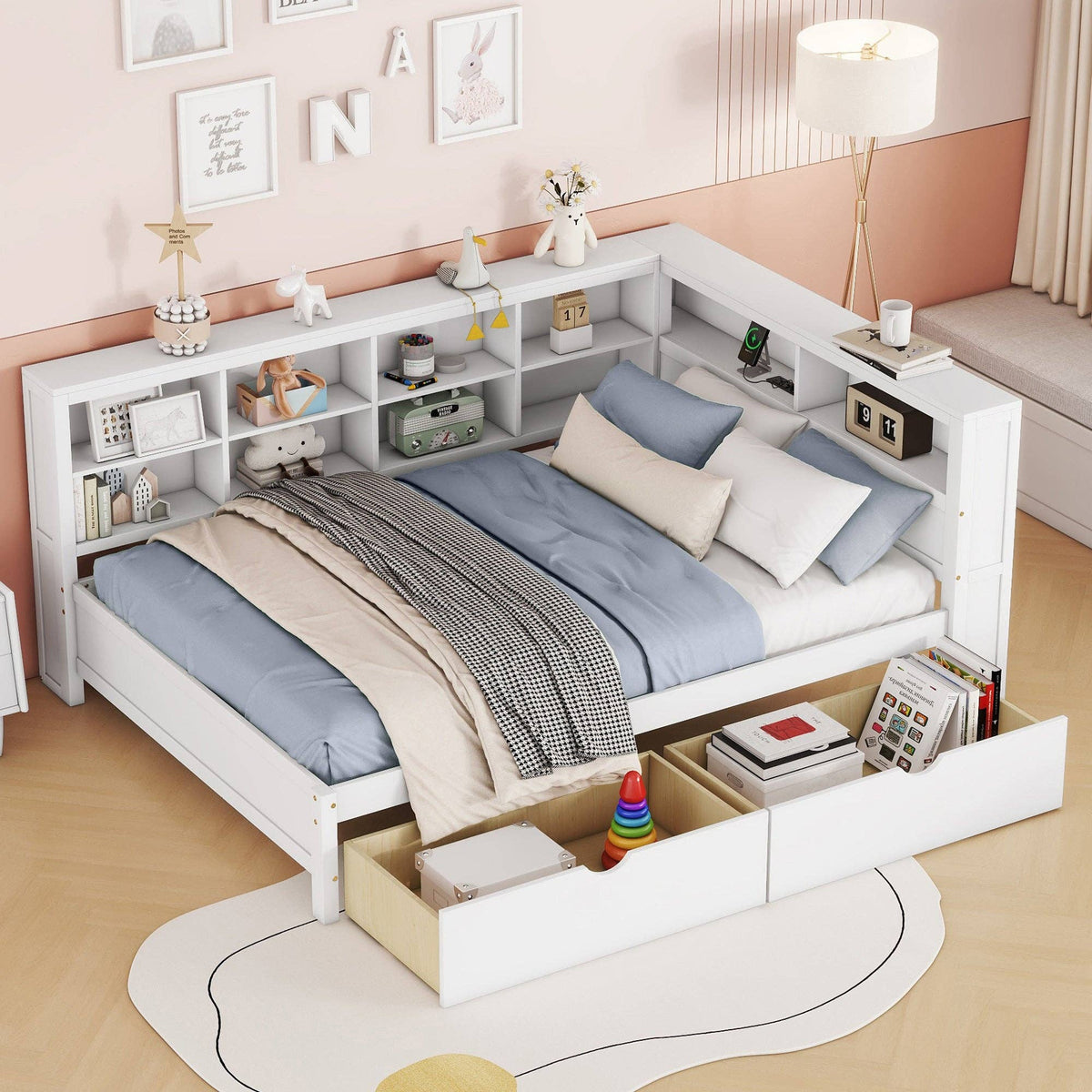Wooden Full Size DayBed with 2 Drawers&USB charging station