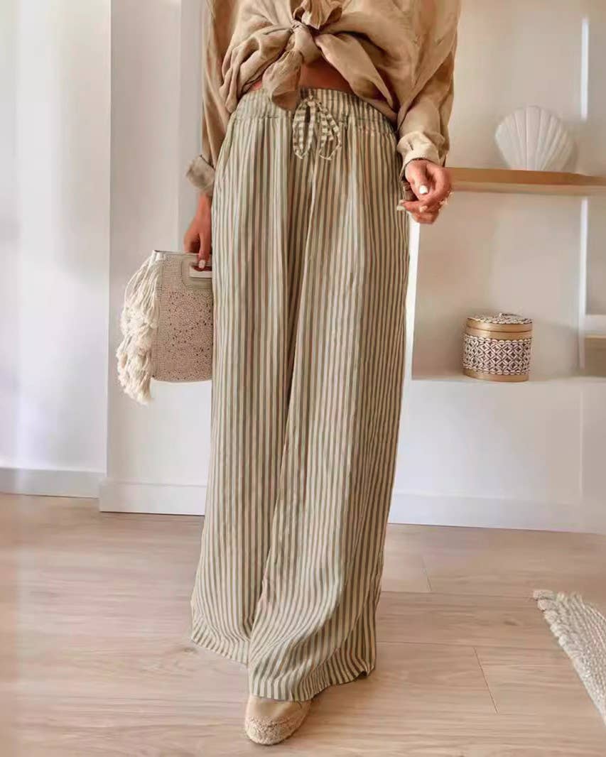 Boho Chic Stripe Print Wide Leg Drawstring Pants