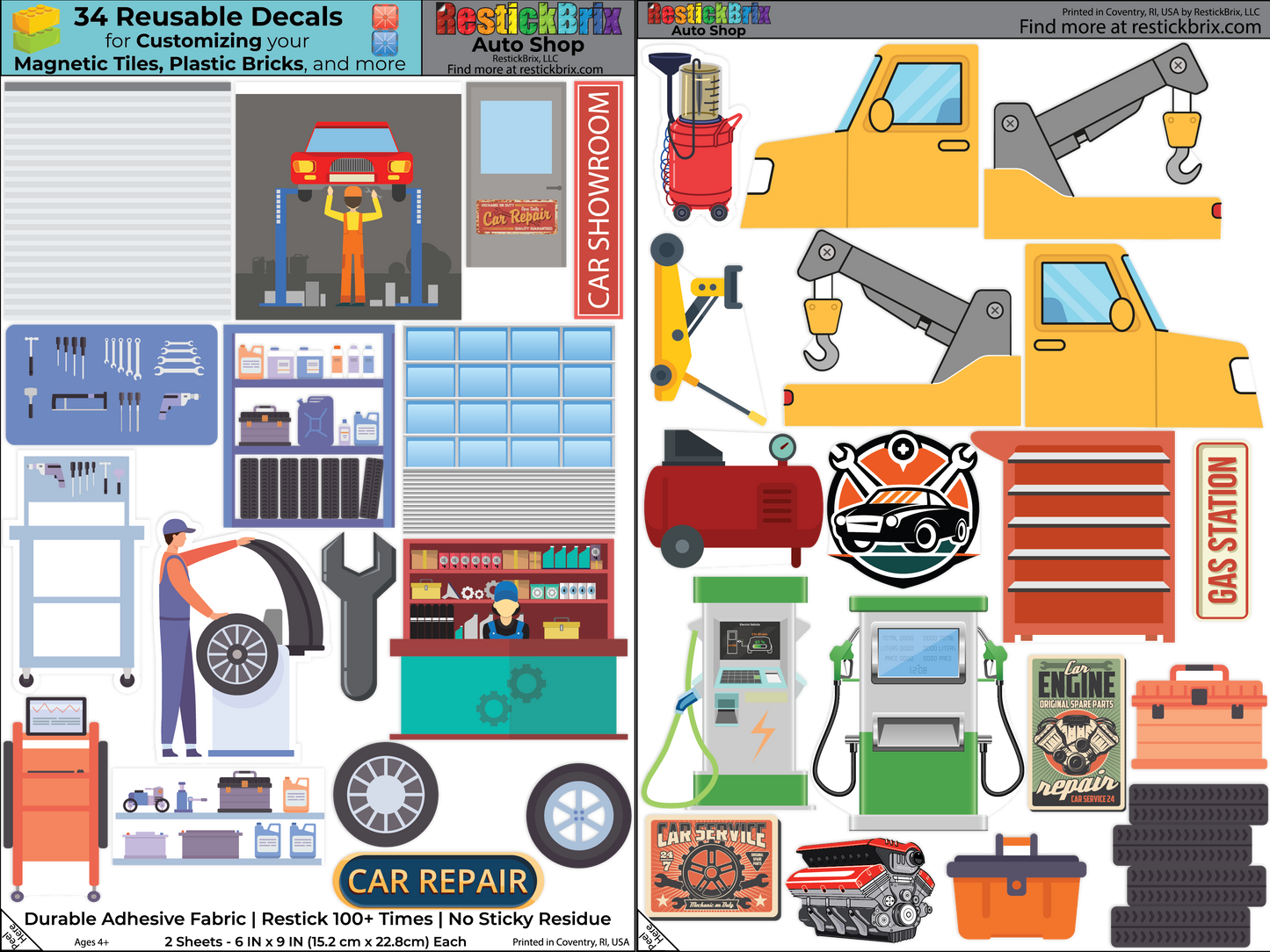 Reusable Decals for Magnetic Tiles & Bricks - Auto Shop