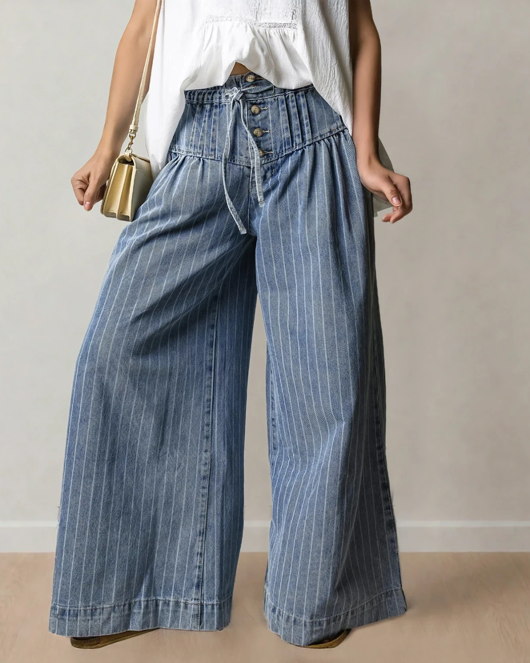 Cora Stripe Wide Leg Jeans | Pleated Pants | Button Trousers