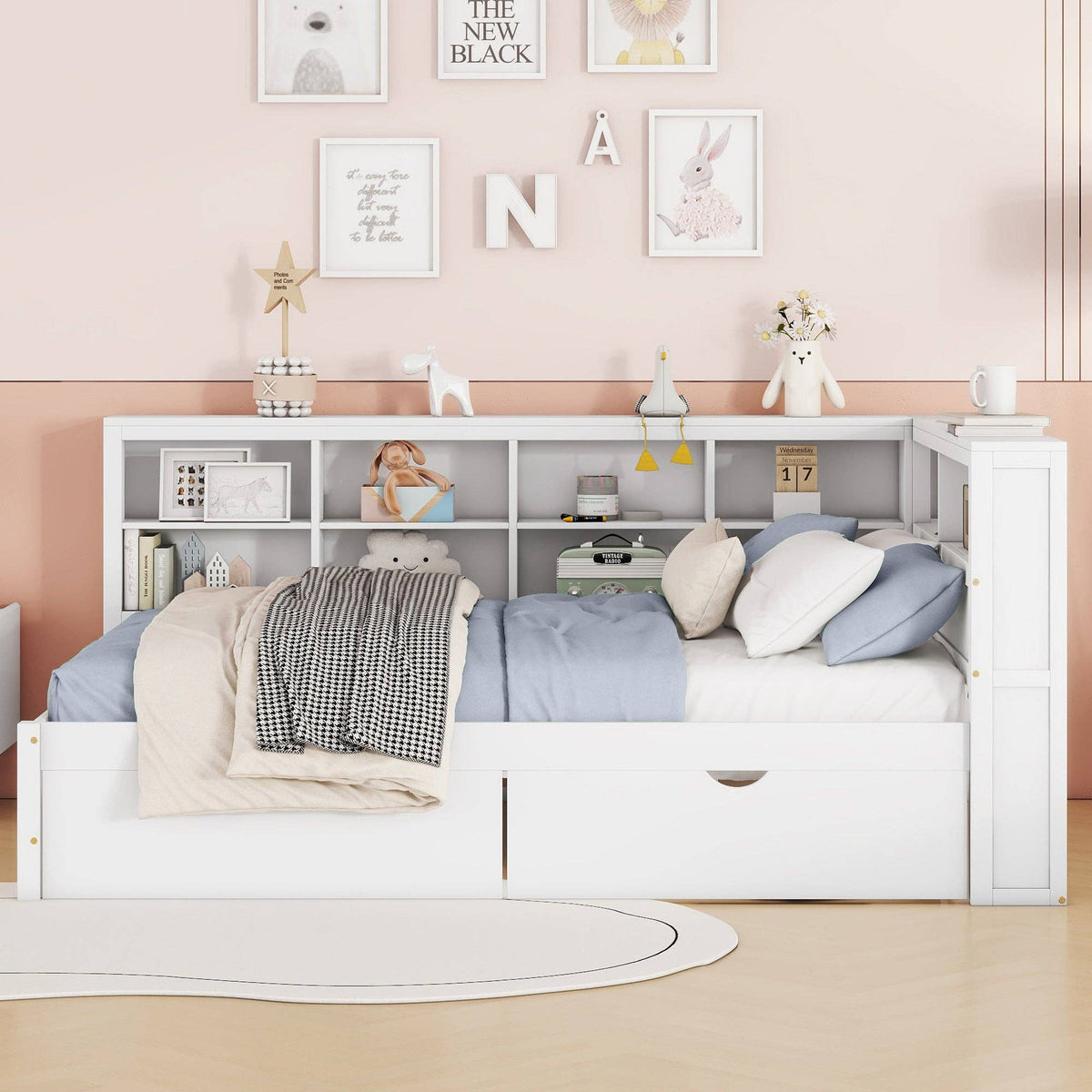 Wooden Full Size DayBed with 2 Drawers&USB charging station