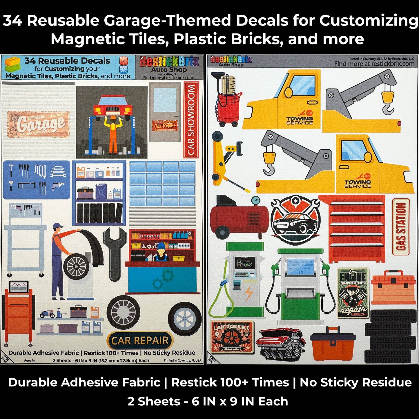 Reusable Decals for Magnetic Tiles & Bricks - Auto Shop