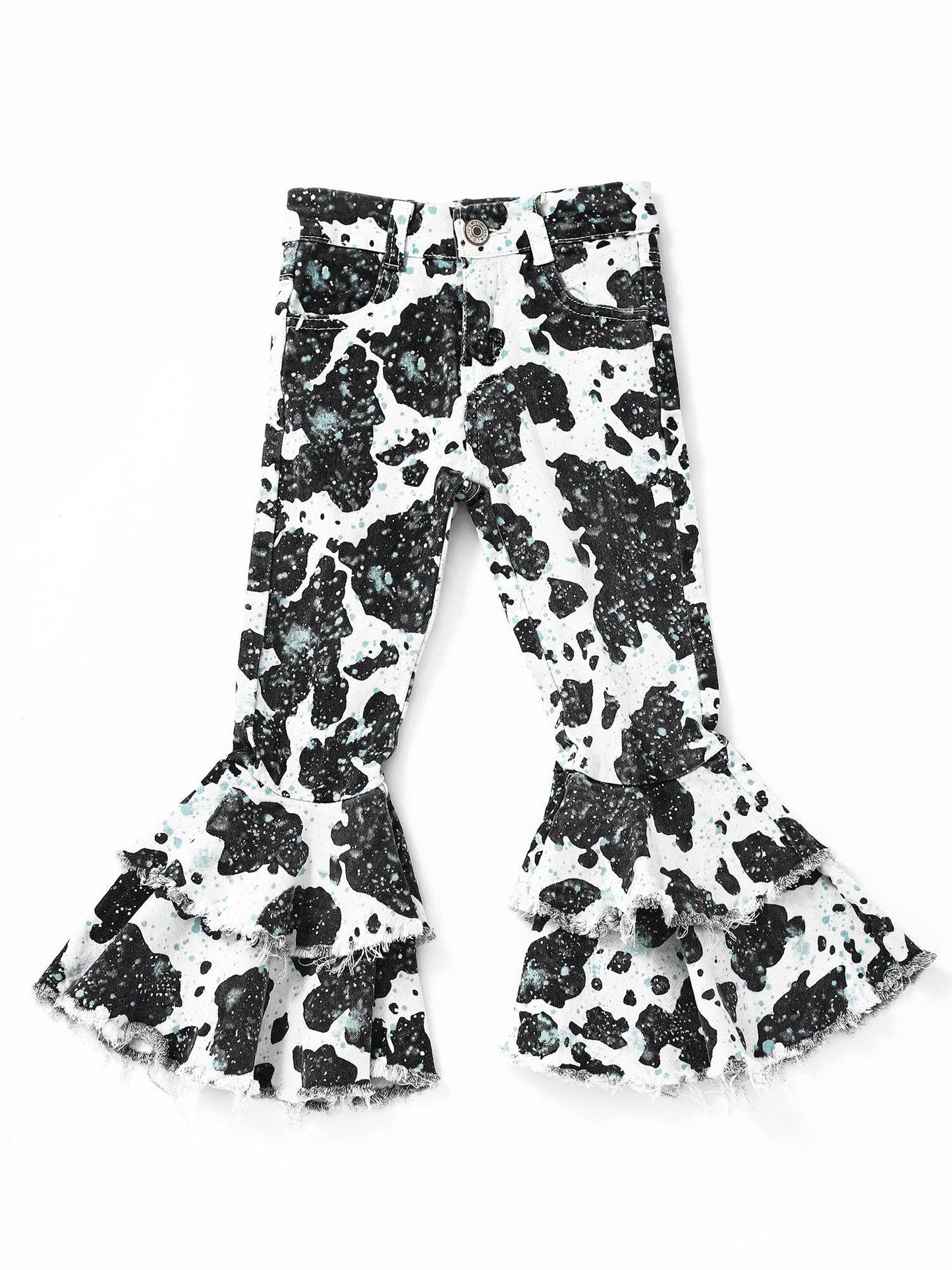Turquoise Cow Print Girls Double Layer Jeans
