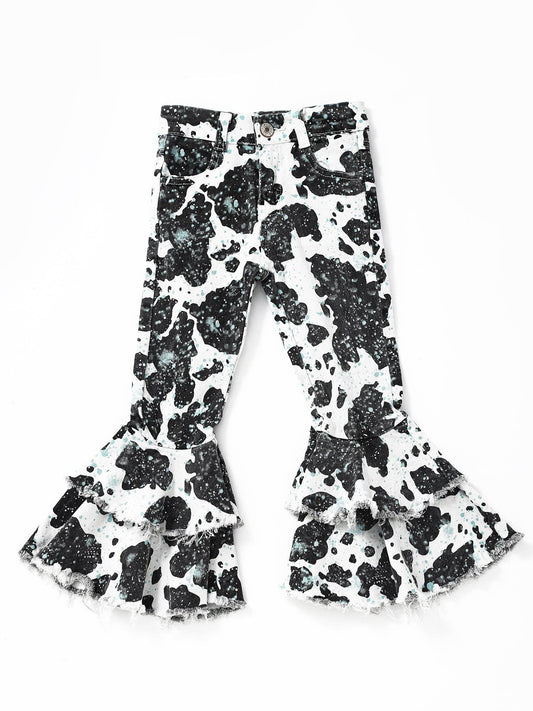 Turquoise Cow Print Girls Double Layer Jeans