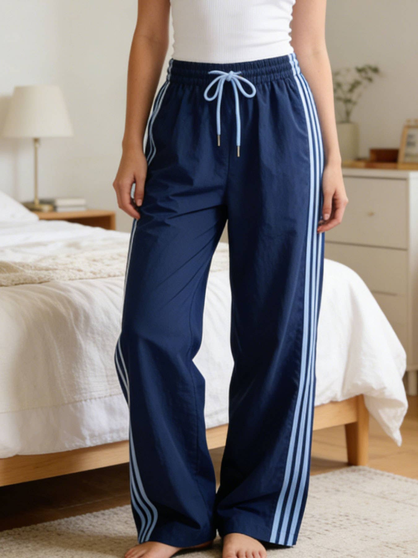 Drawstring track pants color-block striped wide-leg pants