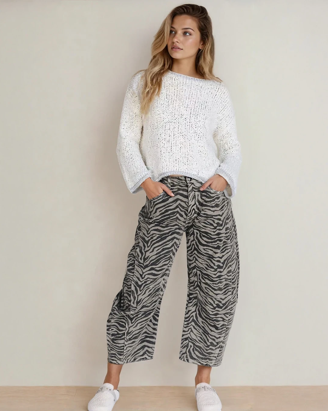 Hailey Zebra Wide Leg Jeans | Pleated Pants |Stripe Trousers