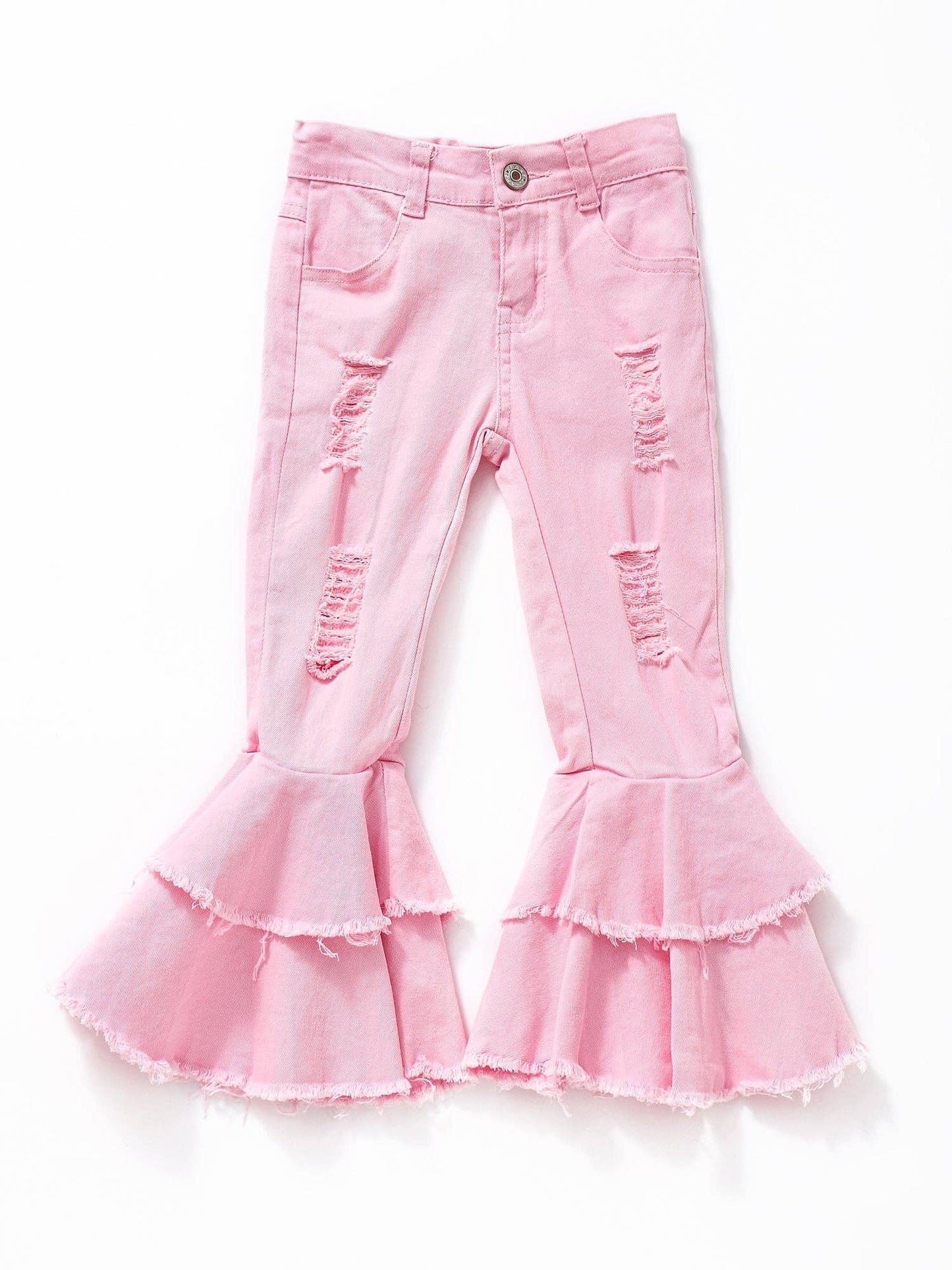 Pink Distressed Double Layer Girls Jeans