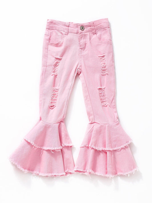 Pink Distressed Double Layer Girls Jeans