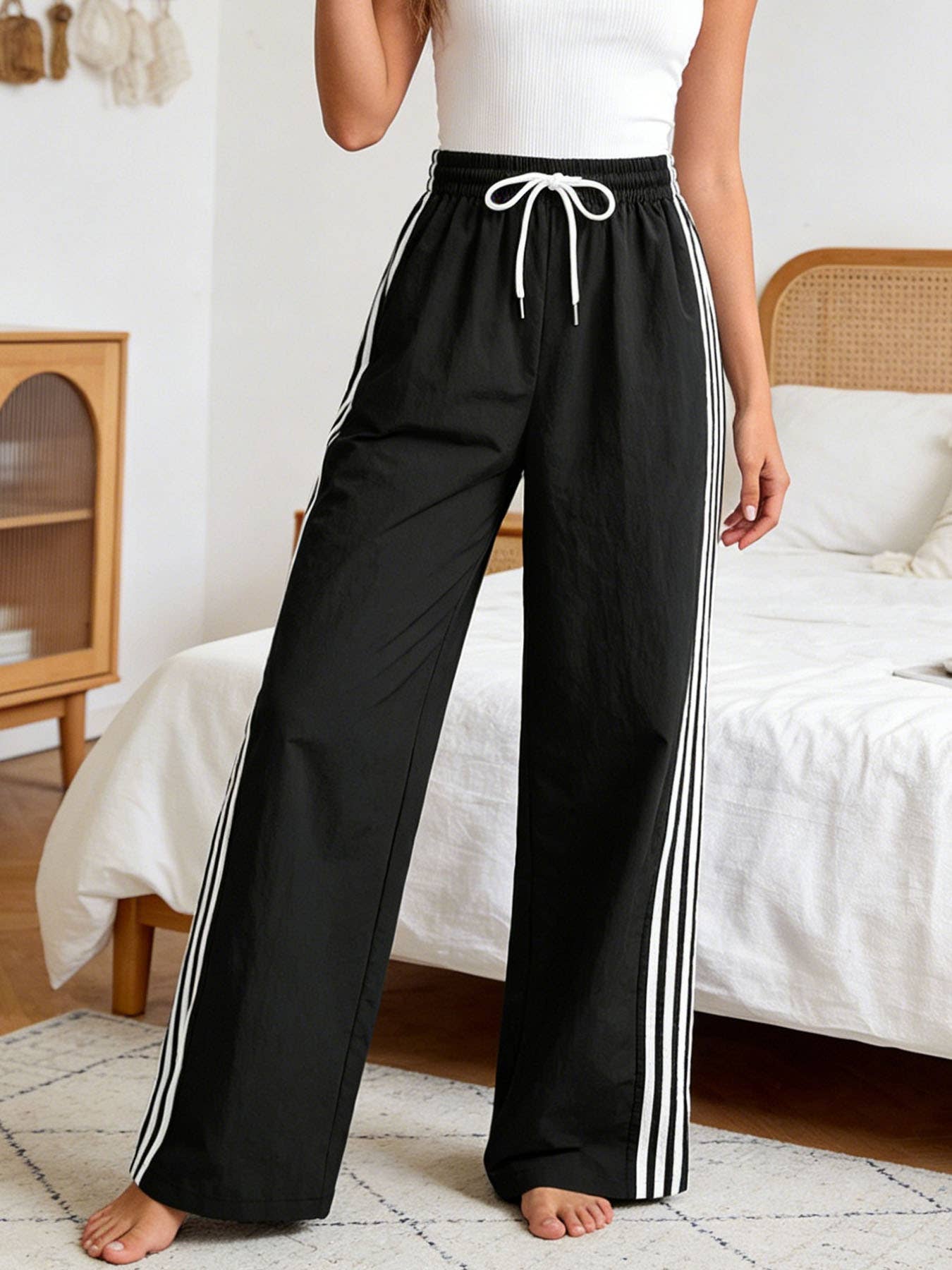 Drawstring track pants color-block striped wide-leg pants