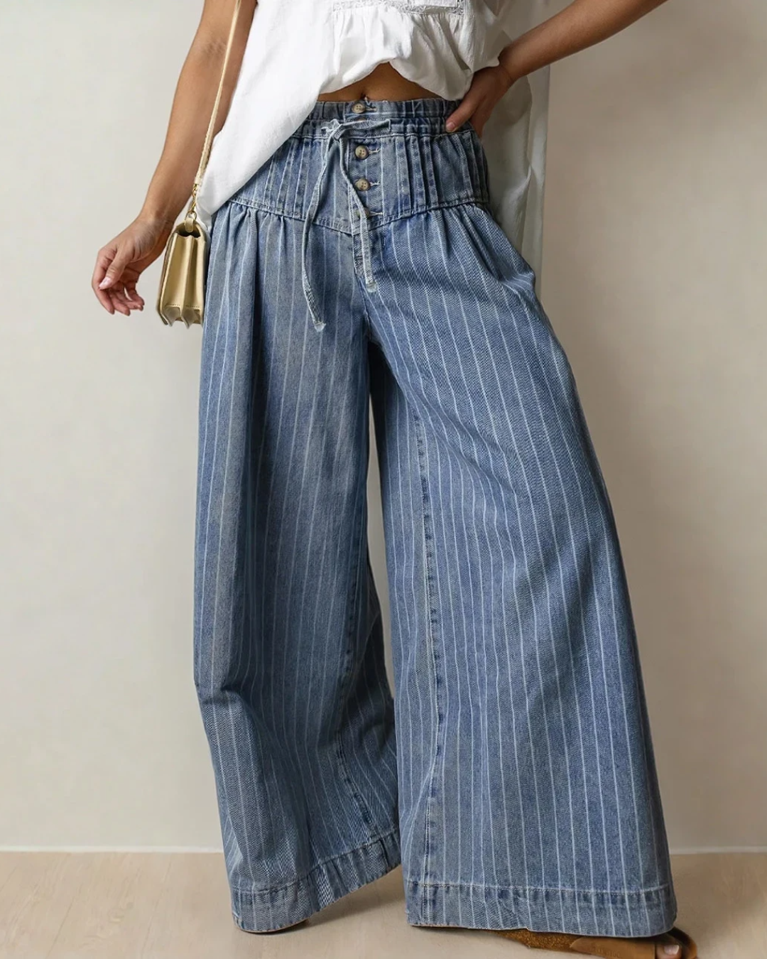 Cora Stripe Wide Leg Jeans | Pleated Pants | Button Trousers