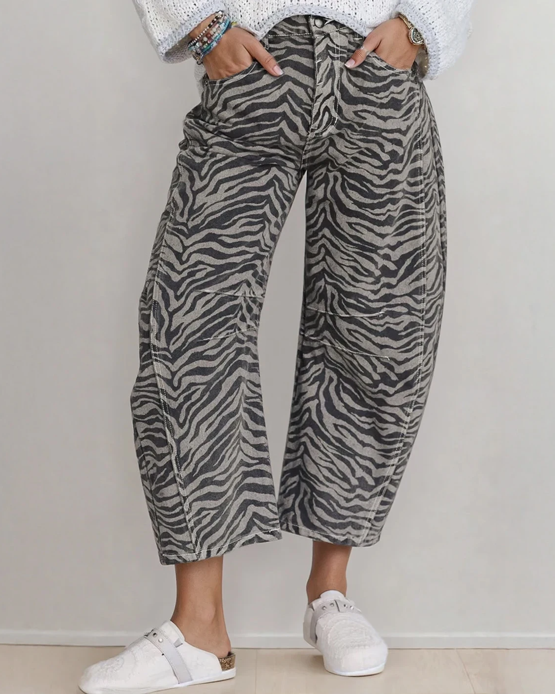 Hailey Zebra Wide Leg Jeans | Pleated Pants |Stripe Trousers