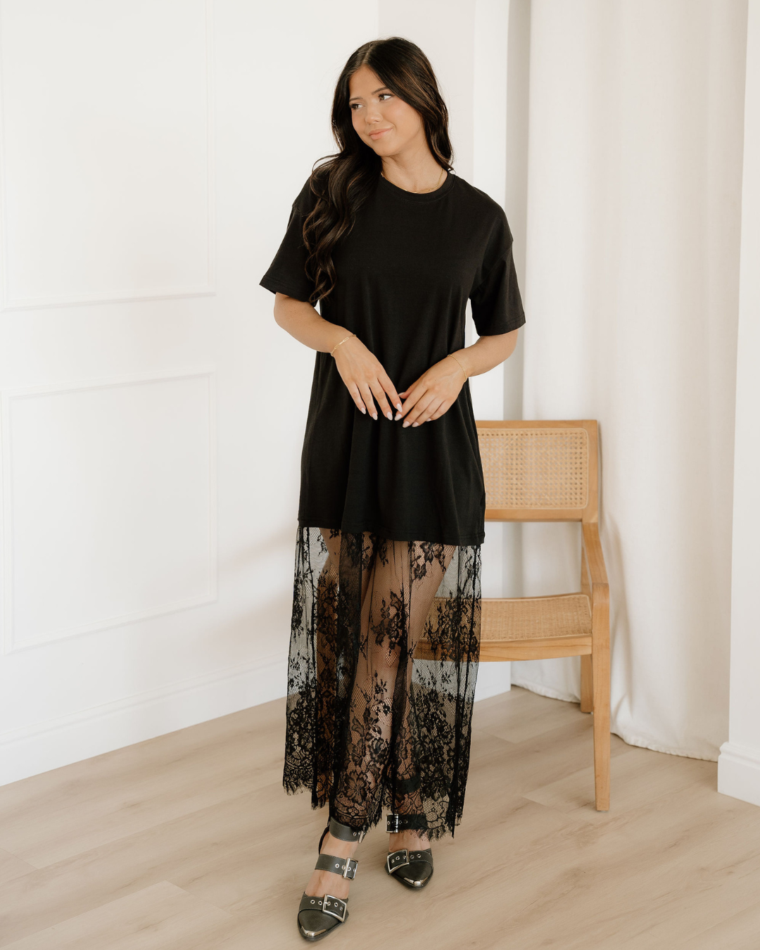 Nayeli Lace Shirt Dress - Black | Lace Maxi Dress | T-Shirt