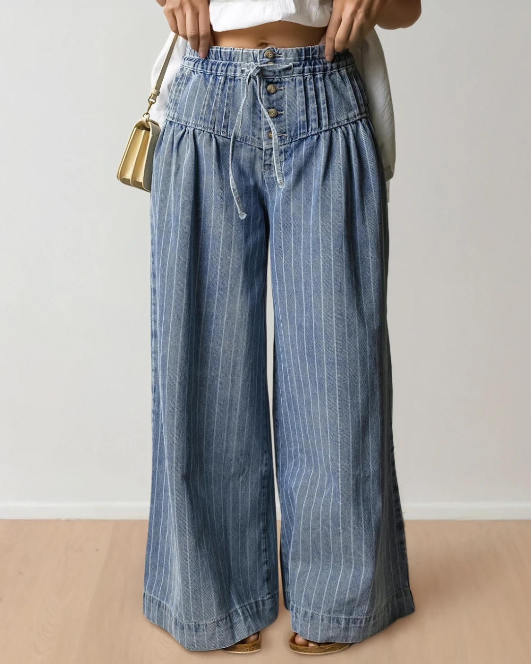 Cora Stripe Wide Leg Jeans | Pleated Pants | Button Trousers