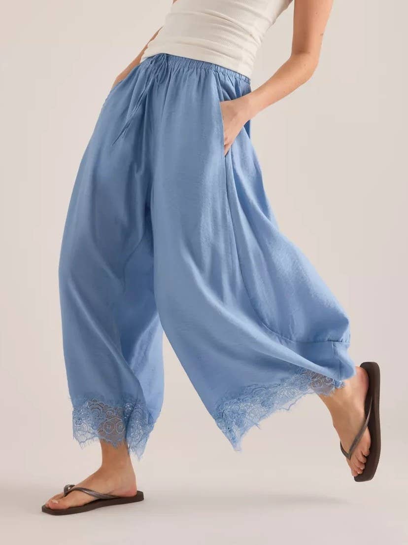 Elastic Waist Hem Spliced Lace Wide-Leg Pants