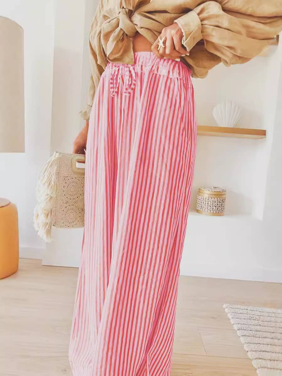 Boho Chic Stripe Print Wide Leg Drawstring Pants