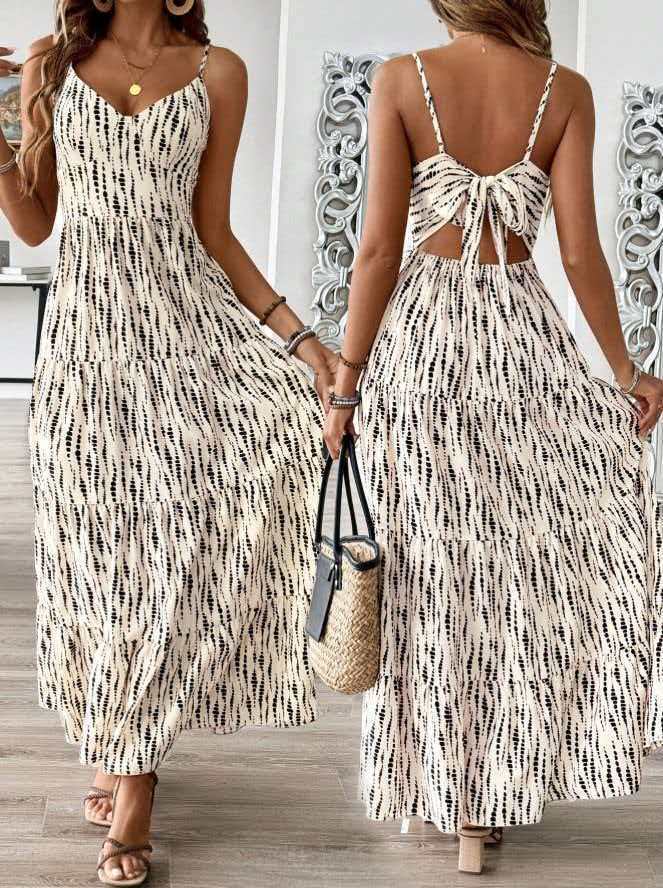 Boho Print Tie Back Tiered Maxi Sundress