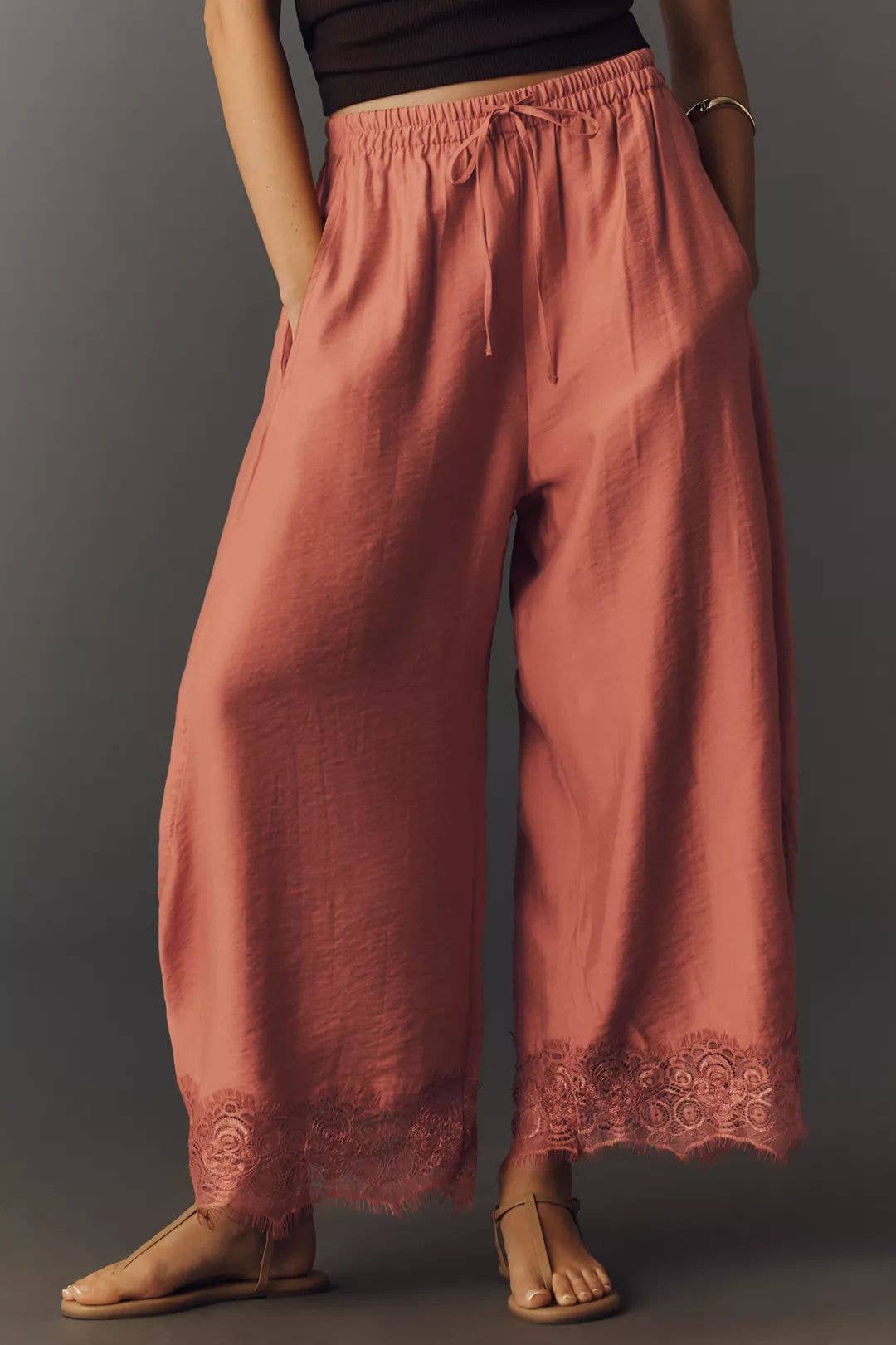 Elastic Waist Hem Spliced Lace Wide-Leg Pants
