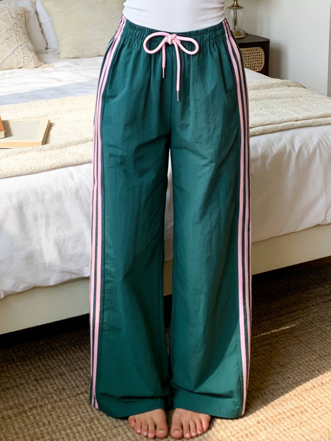 Drawstring track pants color-block striped wide-leg pants