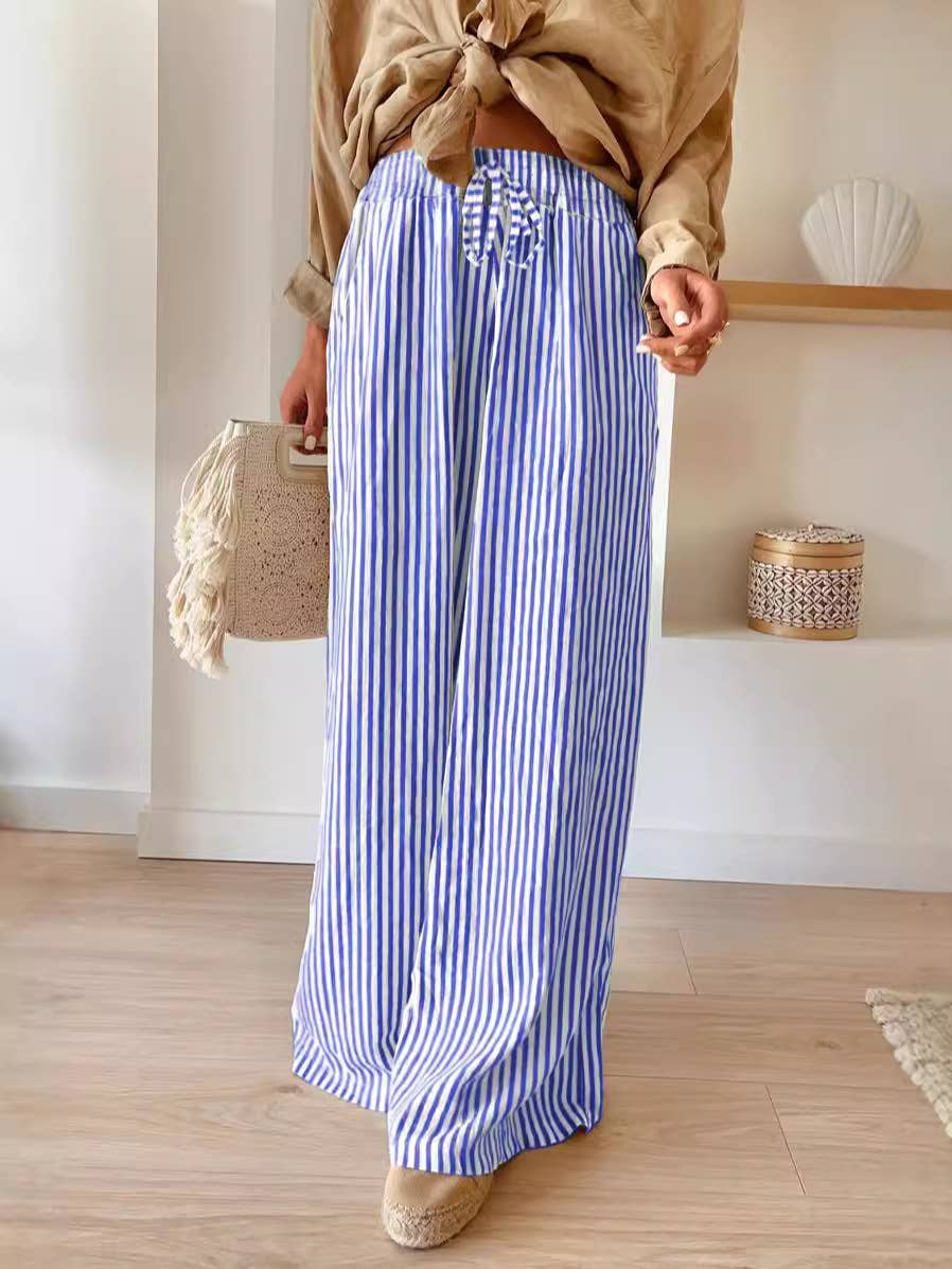 Boho Chic Stripe Print Wide Leg Drawstring Pants