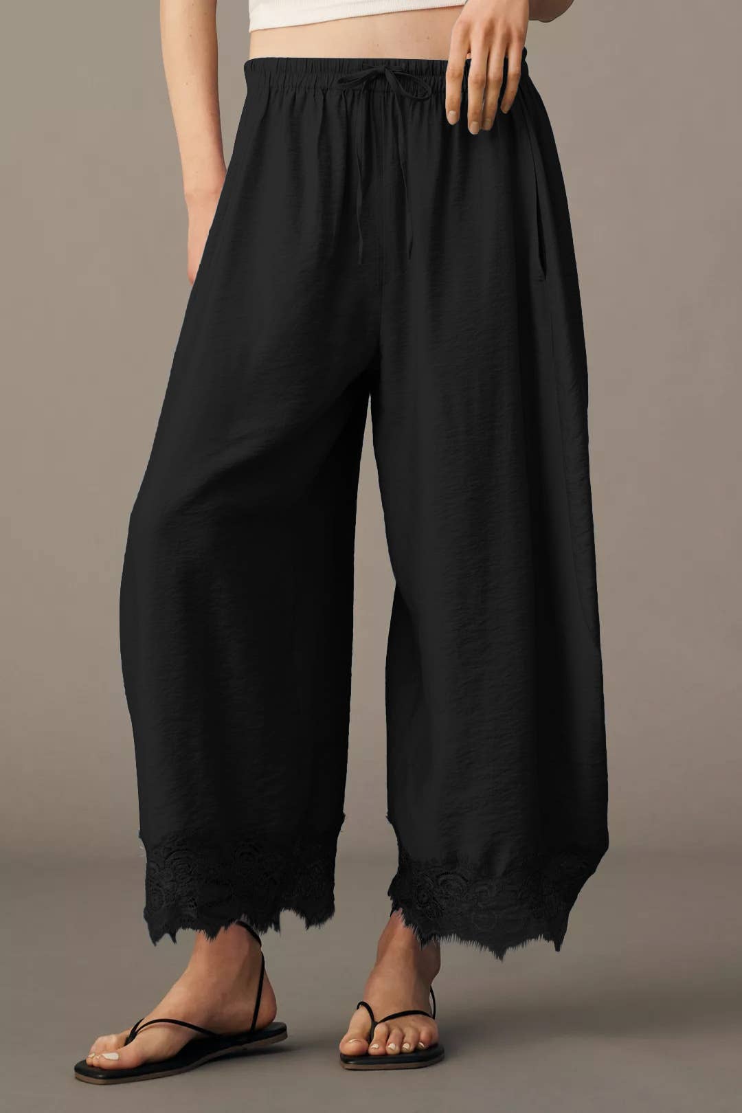 Elastic Waist Hem Spliced Lace Wide-Leg Pants