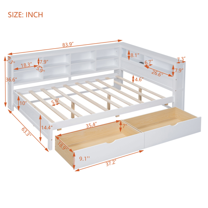 Wooden Full Size DayBed with 2 Drawers&USB charging station