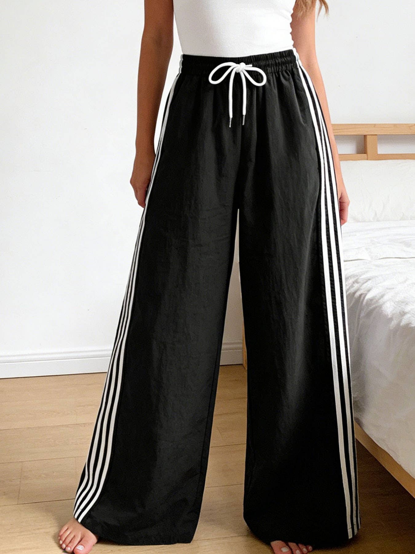 Drawstring track pants color-block striped wide-leg pants