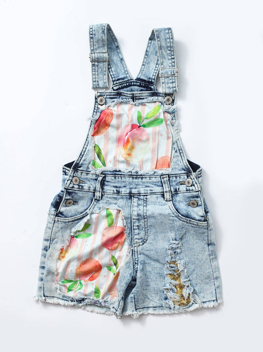Kids Girls Peach Print Denim Short Overalls