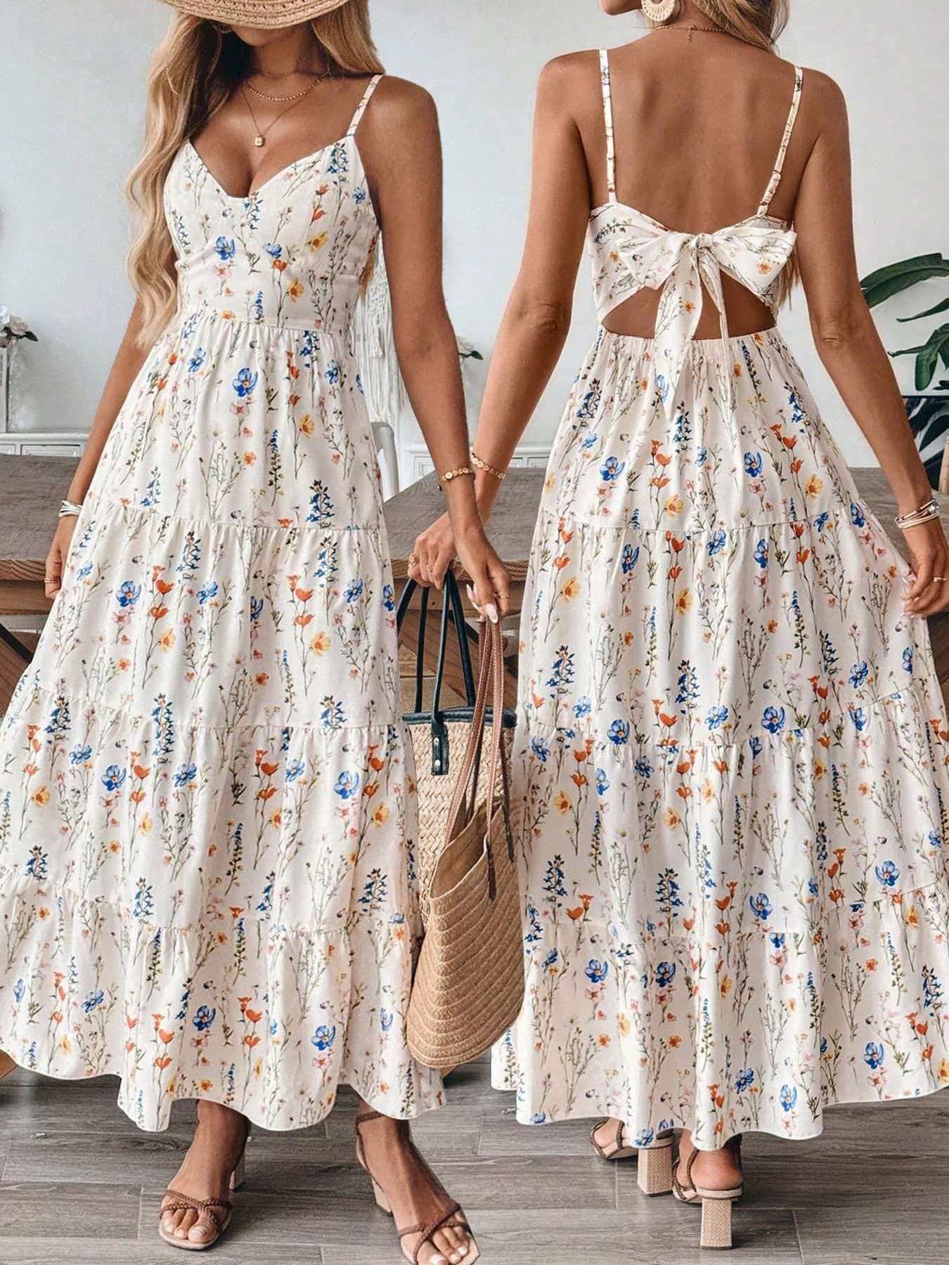 Boho Print Tie Back Tiered Maxi Sundress