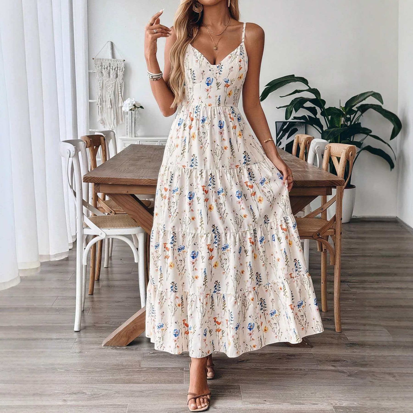 Boho Print Tie Back Tiered Maxi Sundress